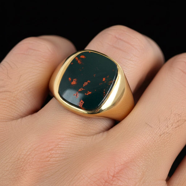 Antique Mens Bloodstone Signet Ring 10K Yellow Gold