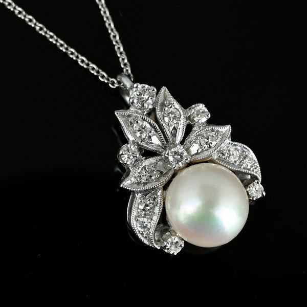 Vintage .50 Carat Diamond Akoya Pearl Pendant in 14K White Gold - Boylerpf