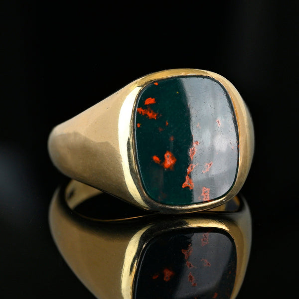 Antique Mens Bloodstone Signet Ring 10K Yellow Gold