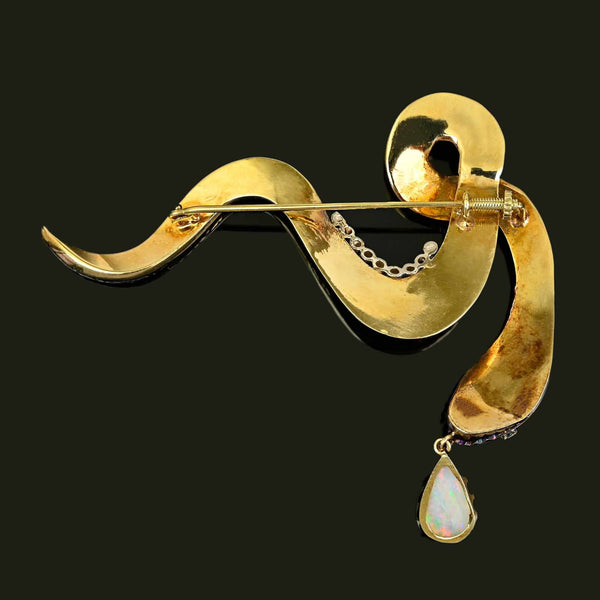 Vintage 14K Gold Snake Brooch Diamond Eyes Opal Enamel Pin - Boylerpf