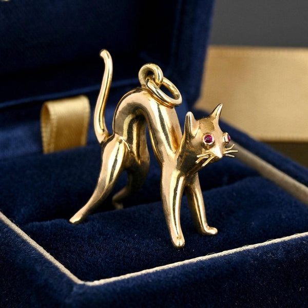 Vintage 9K Gold Cat Pendant with Natural Ruby Eyes