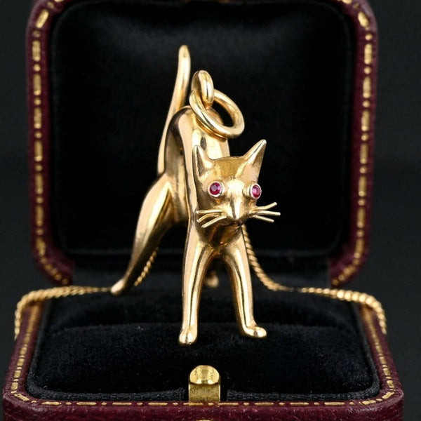 Vintage 9K Gold Cat Pendant with Natural Ruby Eyes