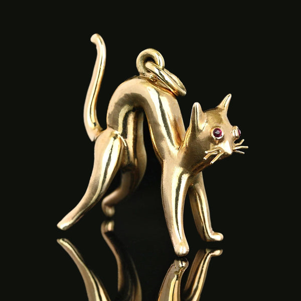 Vintage 9K Gold Cat Pendant with Natural Ruby Eyes