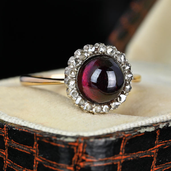 Georgian 15K Gold Rose Cut Diamond Halo Garnet Ring - Boylerpf