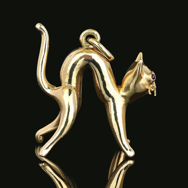 Vintage 9K Gold Cat Pendant with Natural Ruby Eyes