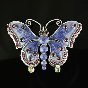 Silver Garnet Cabochon Peridot Enamel Butterfly Brooch - Boylerpf