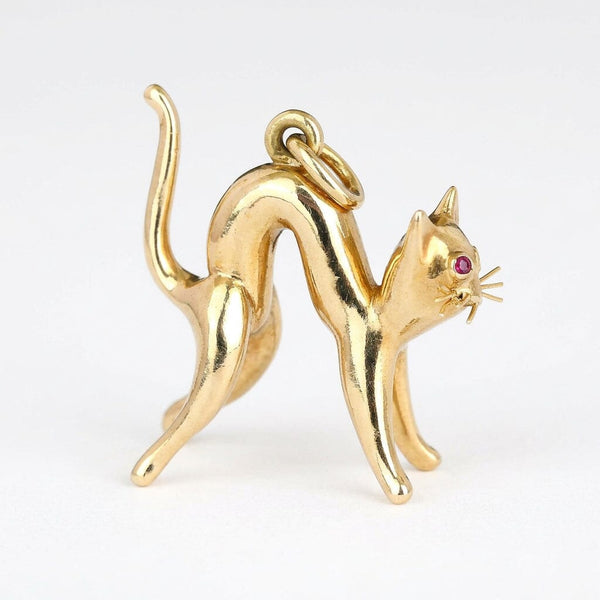 Vintage 9K Gold Cat Pendant with Natural Ruby Eyes