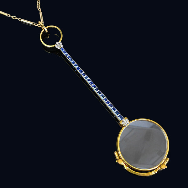Antique Edwardian 18K Gold Sapphire Diamond Lorgnette Pendant - Boylerpf