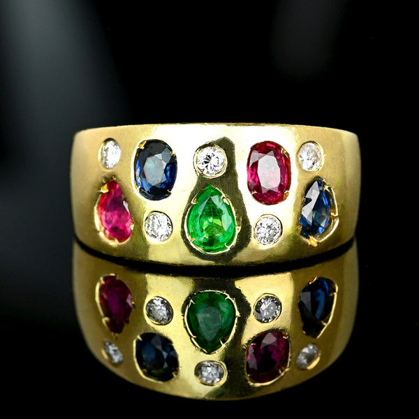 Vintage 14K Gold Emerald Ruby Sapphire Diamond Wide Band Ring