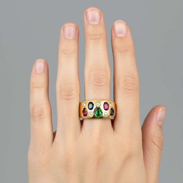 Vintage 14K Gold Emerald Ruby Sapphire Diamond Wide Band Ring
