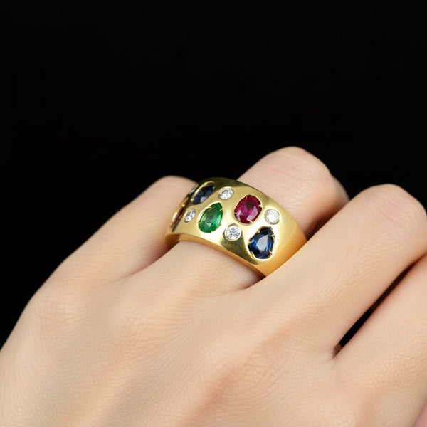 Vintage 14K Gold Emerald Ruby Sapphire Diamond Wide Band Ring