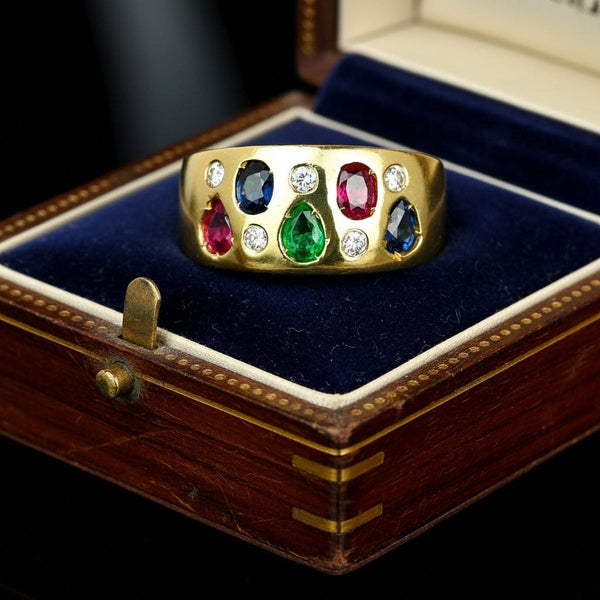 Vintage 14K Gold Emerald Ruby Sapphire Diamond Wide Band Ring