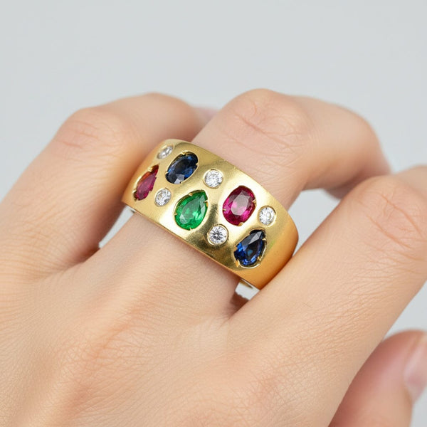 Vintage 14K Gold Emerald Ruby Sapphire Diamond Wide Band Ring