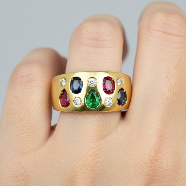Vintage 14K Gold Emerald Ruby Sapphire Diamond Wide Band Ring