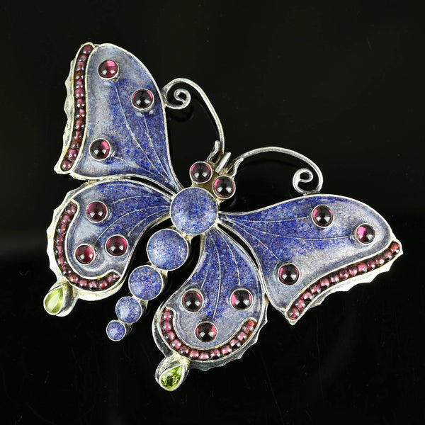 Silver Garnet Cabochon Peridot Enamel Butterfly Brooch - Boylerpf