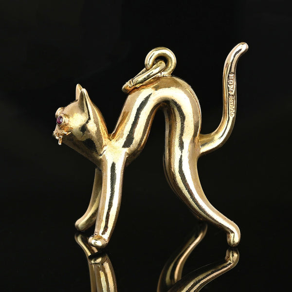 Vintage 9K Gold Cat Pendant with Natural Ruby Eyes