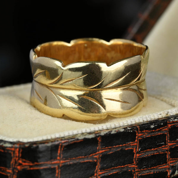 Antique Engraved Leaf Wide 14K Gold Band Ring - Boylerpf