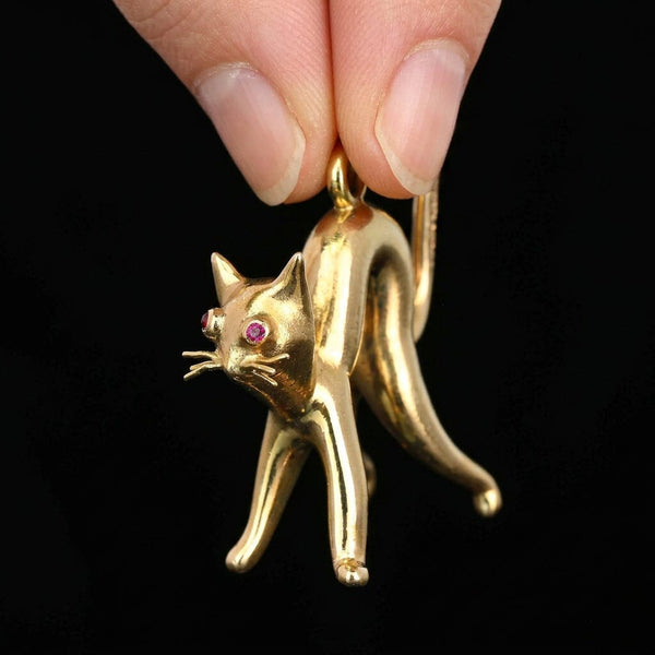 Vintage 9K Gold Cat Pendant with Natural Ruby Eyes