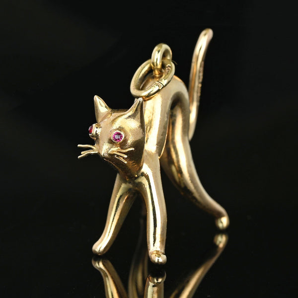 Vintage 9K Gold Cat Pendant with Natural Ruby Eyes