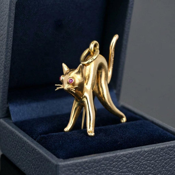 Vintage 9K Gold Cat Pendant with Natural Ruby Eyes