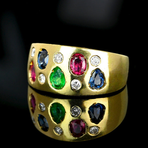 Vintage 14K Gold Emerald Ruby Sapphire Diamond Wide Band Ring