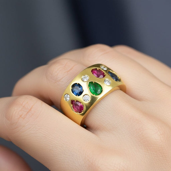 Vintage 14K Gold Emerald Ruby Sapphire Diamond Wide Band Ring