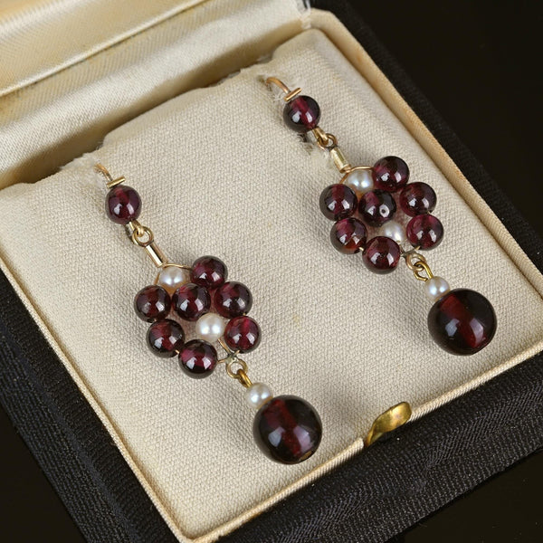 Vintage 9K Yellow Gold Pearl Rhodolite Garnet Earrings - Boylerpf