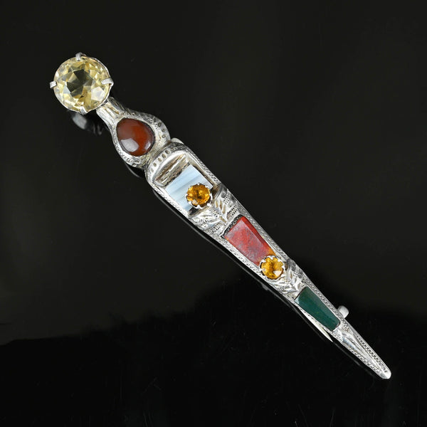 Antique Silver Scottish Agate Cairngorm Citrine Dirk Brooch - Boylerpf