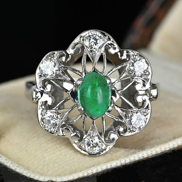 Art Deco 14K White Gold Emerald Cabochon Diamond Ring - Boylerpf