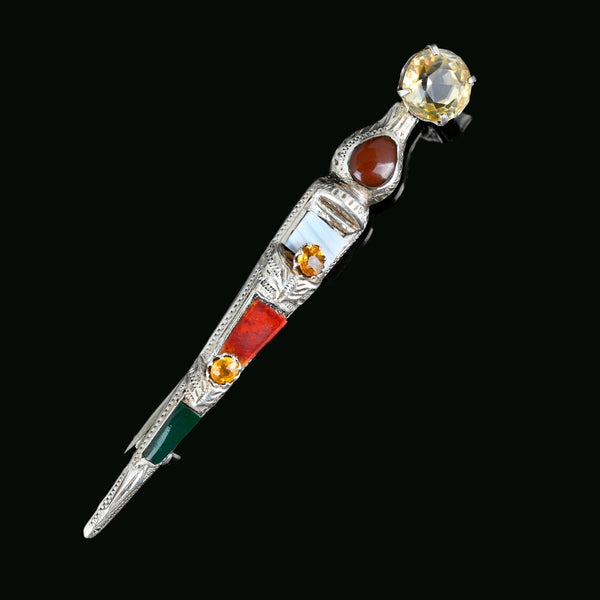 Antique Silver Scottish Agate Cairngorm Citrine Dirk Brooch - Boylerpf