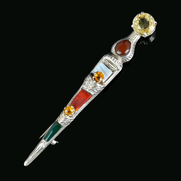 Antique Silver Scottish Agate Cairngorm Citrine Dirk Brooch - Boylerpf