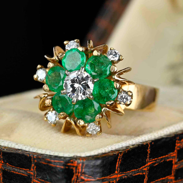 Vintage 14K Gold Flower Cluster Emerald Diamond Ring - Boylerpf
