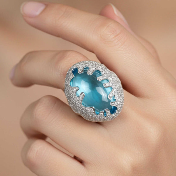 Vintage 28.9ct Blue Topaz Diamond 18K White Gold Statement Ring - Boylerpf