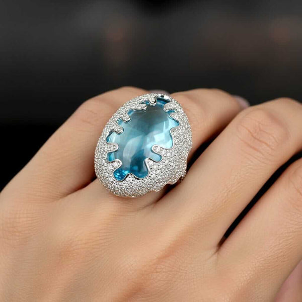 Vintage 28.9ct Blue Topaz Diamond 18K White Gold Statement Ring - Boylerpf
