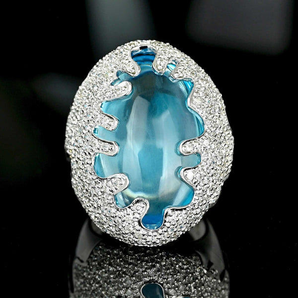 Vintage 28.9ct Blue Topaz Diamond 18K White Gold Statement Ring - Boylerpf