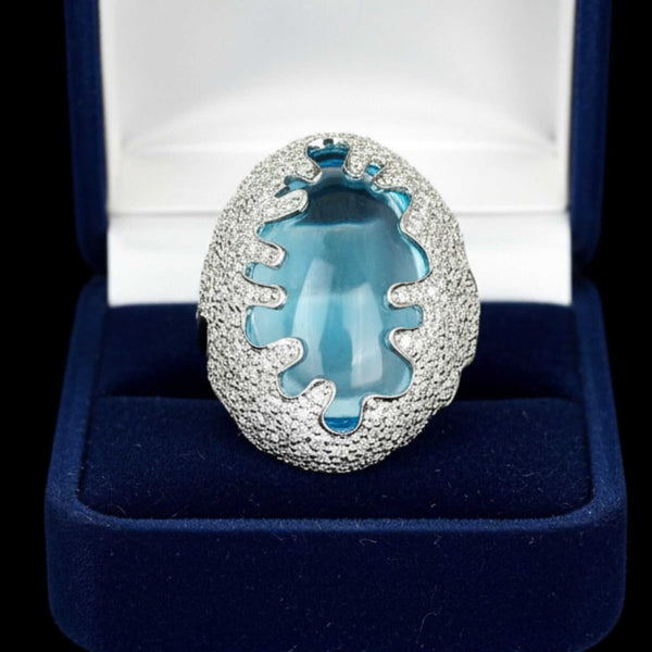Vintage 28.9ct Blue Topaz Diamond 18K White Gold Statement Ring - Boylerpf