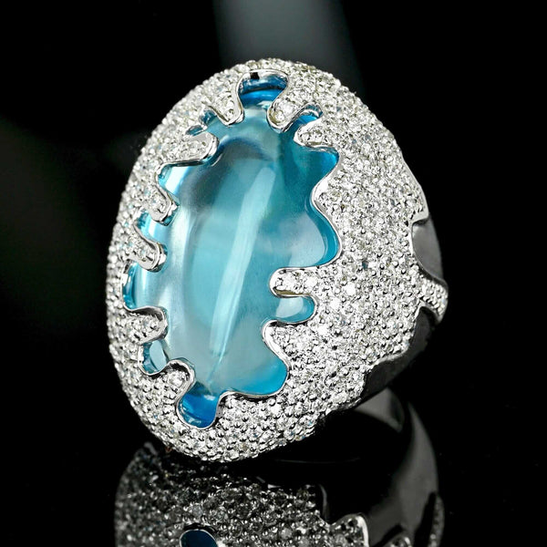 Vintage 28.9ct Blue Topaz Diamond 18K White Gold Statement Ring - Boylerpf