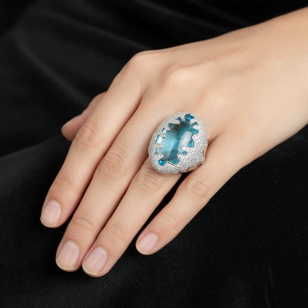 Vintage 28.9ct Blue Topaz Diamond 18K White Gold Statement Ring - Boylerpf