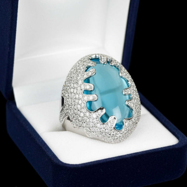 Vintage 28.9ct Blue Topaz Diamond 18K White Gold Statement Ring - Boylerpf