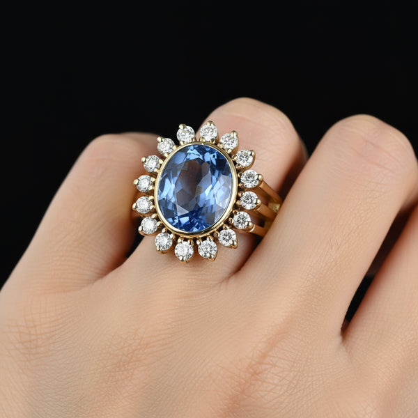 Vintage 14K Gold Diamond Halo Cluster Blue Topaz Ring - Boylerpf