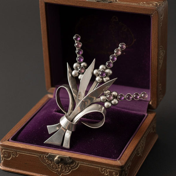 Fred Davis Amethyst Sterling Silver Floral Brooch 1940s - Boylerpf