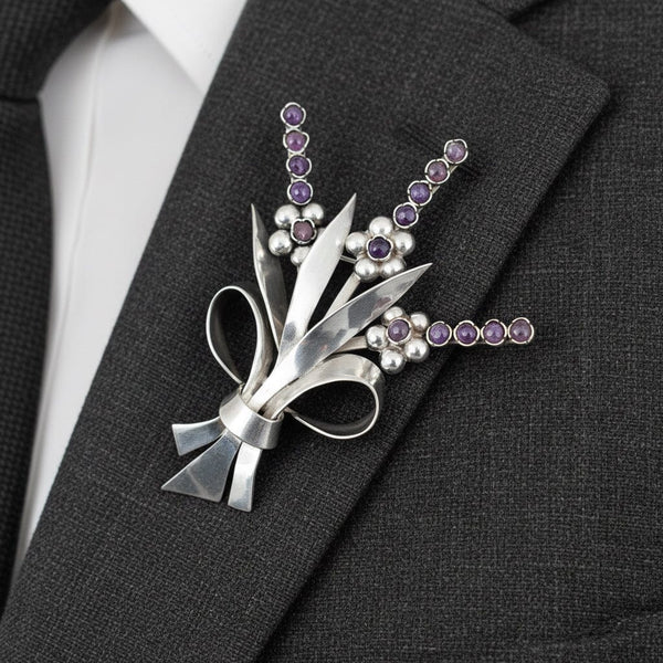 Fred Davis Amethyst Sterling Silver Floral Brooch 1940s - Boylerpf