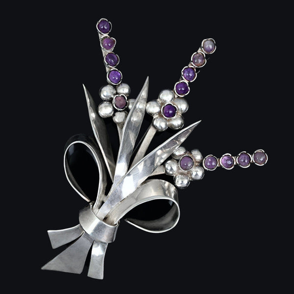 Fred Davis Amethyst Sterling Silver Floral Brooch 1940s - Boylerpf
