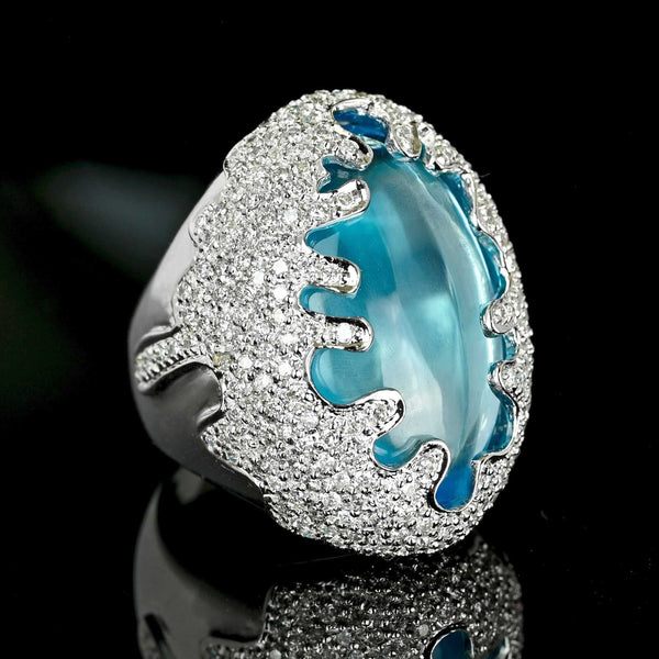 Vintage 28.9ct Blue Topaz Diamond 18K White Gold Statement Ring - Boylerpf