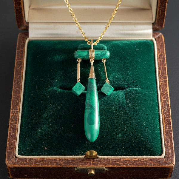 Antique 14K Gold Green Malachite Teardrop Pendant - Boylerpf