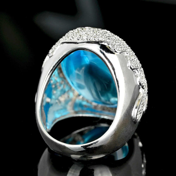 Vintage 28.9ct Blue Topaz Diamond 18K White Gold Statement Ring - Boylerpf