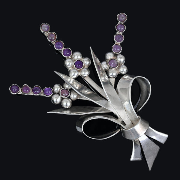 Fred Davis Amethyst Sterling Silver Floral Brooch 1940s - Boylerpf