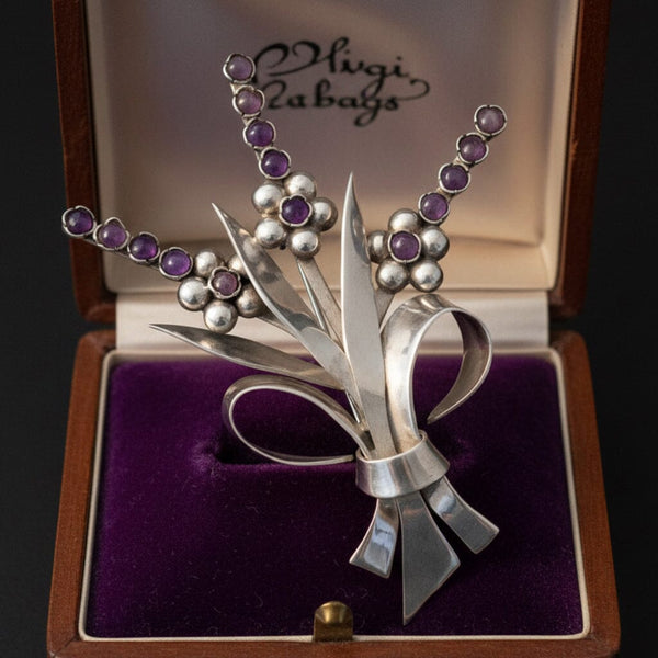 Fred Davis Amethyst Sterling Silver Floral Brooch 1940s - Boylerpf