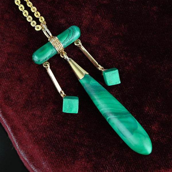 Antique 14K Gold Green Malachite Drop Pendant - Boylerpf