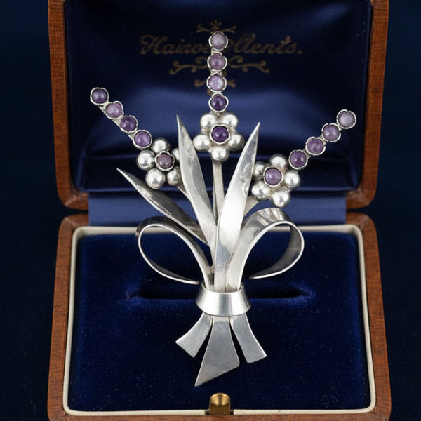 Fred Davis Amethyst Sterling Silver Floral Brooch 1940s - Boylerpf